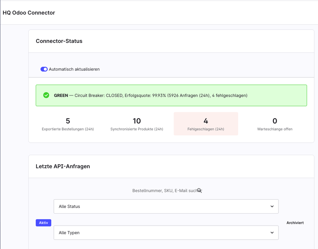 Shopware zu Odoo Connector Betriebssicherheit
