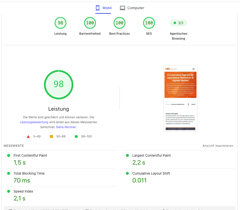 Core-Web-Vitals-Optimierung 2 Shopware 6 Core Web Vitals Optimierung: Exzellenter 98/100 Mobile PageSpeed Score mit grünem LCP und CLS