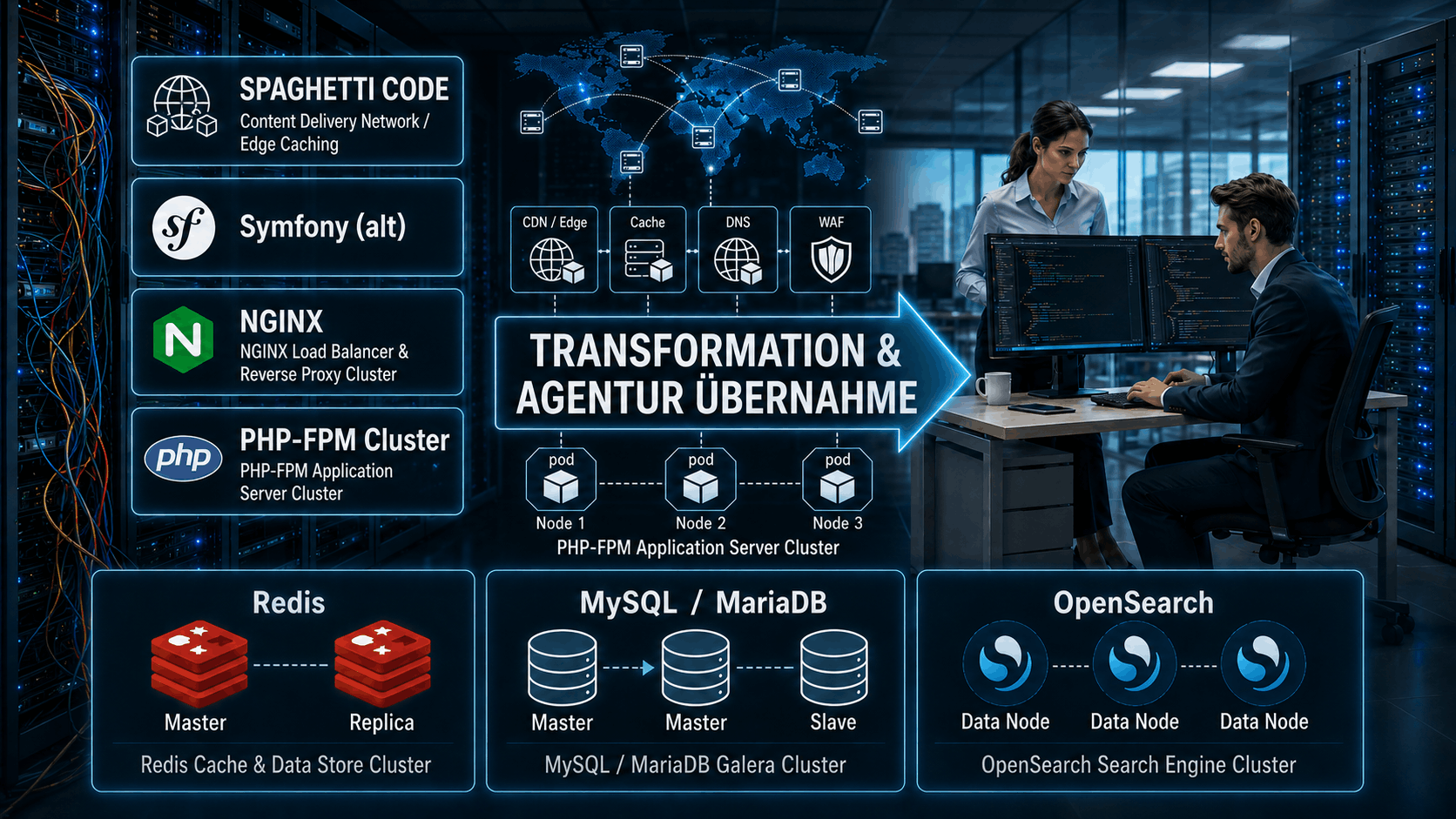 Serverraum-Infografik zur IT-Transformation mit Symfony, NGINX, PHP-FPM, Redis, MySQL/MariaDB und OpenSearch.