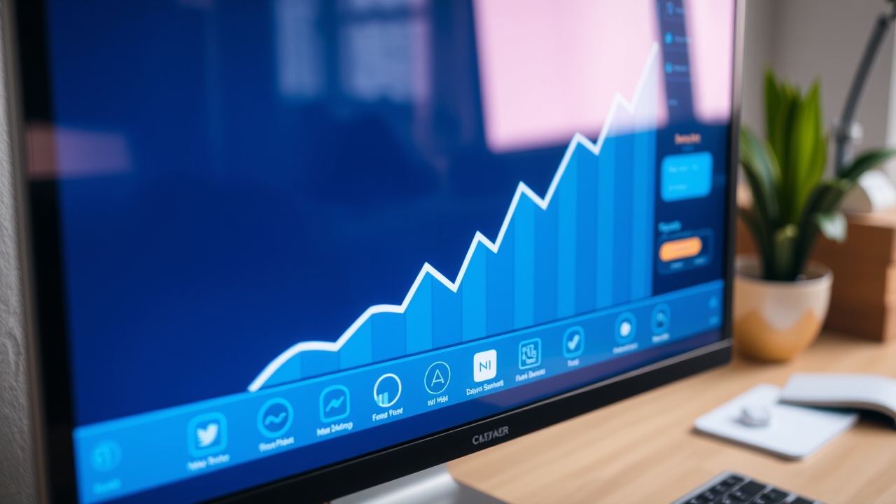 Shopware Agentur: Ein Computerbildschirm zeigt ein steigendes Umsatzdiagramm und Symbole