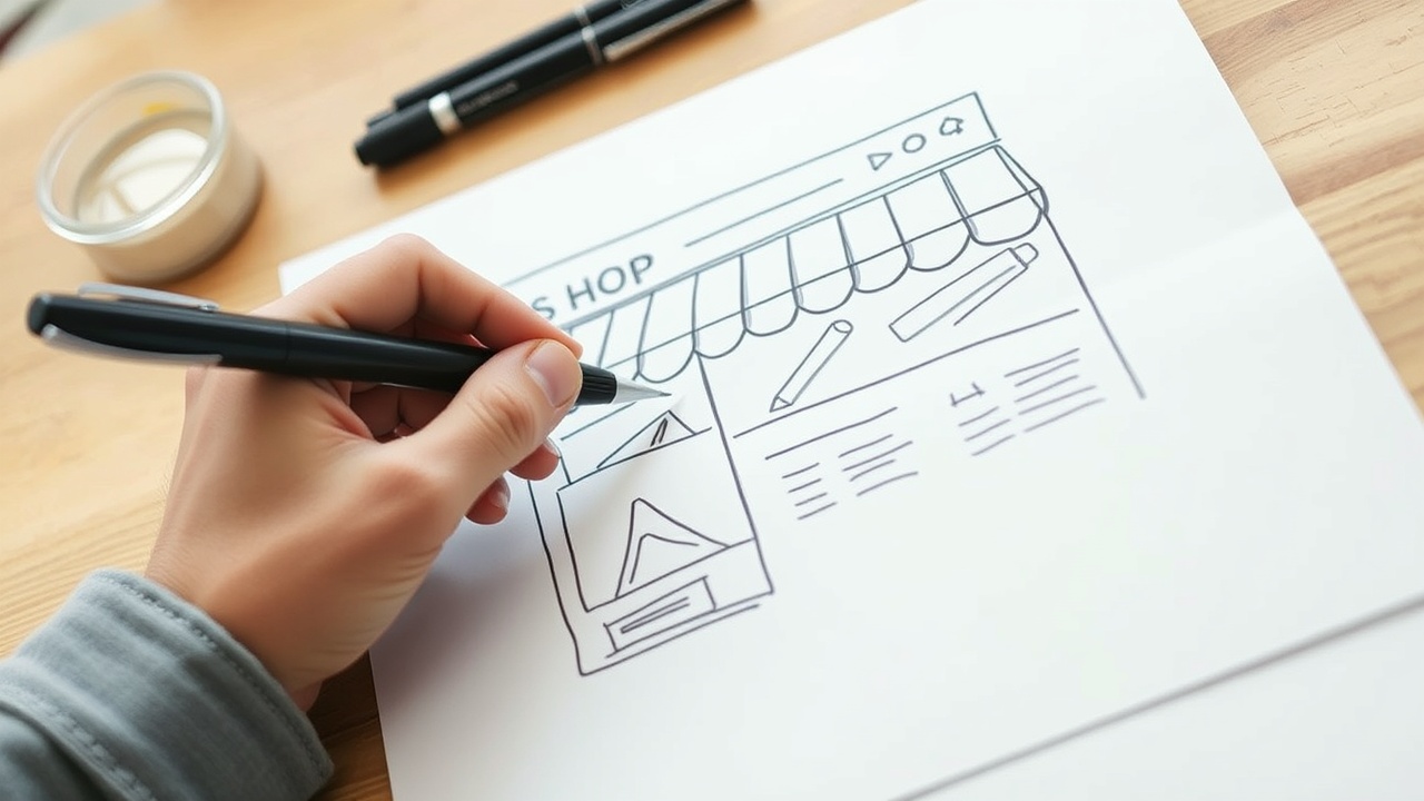 Shopware Agentur: Ein Designer zeichnet mit einem Stift eine einfache Shop-Seiten-Skizze auf Papier
