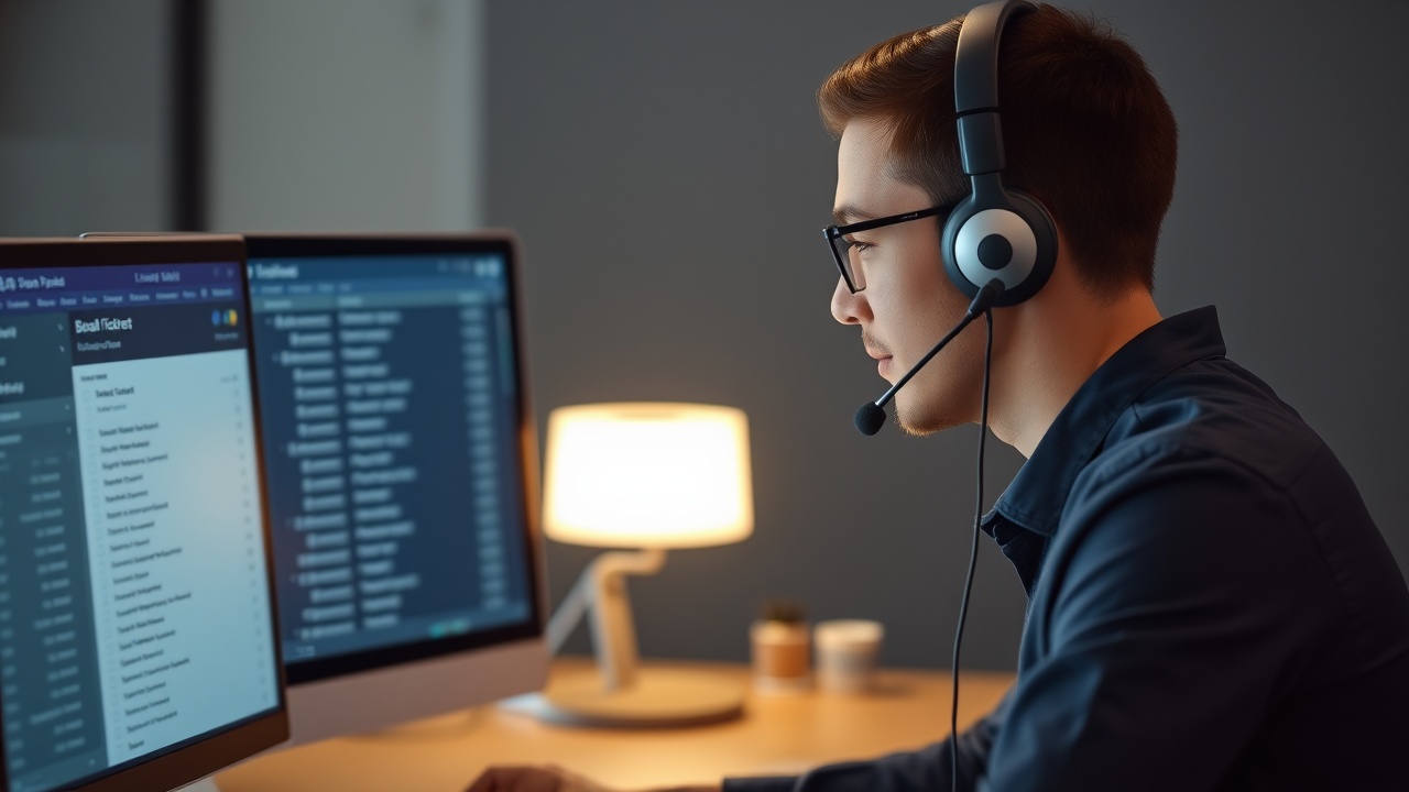 Shopware Agentur: Ein Supportmitarbeiter antwortet einem Kunden mit Headset und einer Ticketliste auf einem Monitor