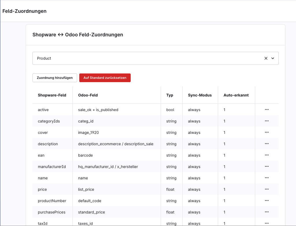 Shopware-Odoo-Connector automatisches Mapping