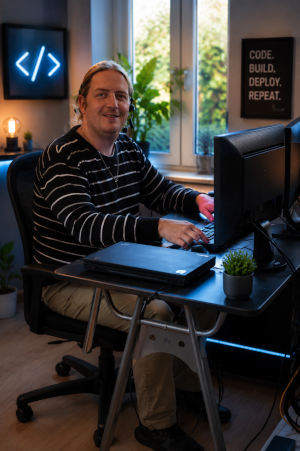 Technische Illustration von Christopher Einenkel - Senior Integration Architect bei HQ GmbH am Entwickler-Arbeitsplatz mit Support-Headset
