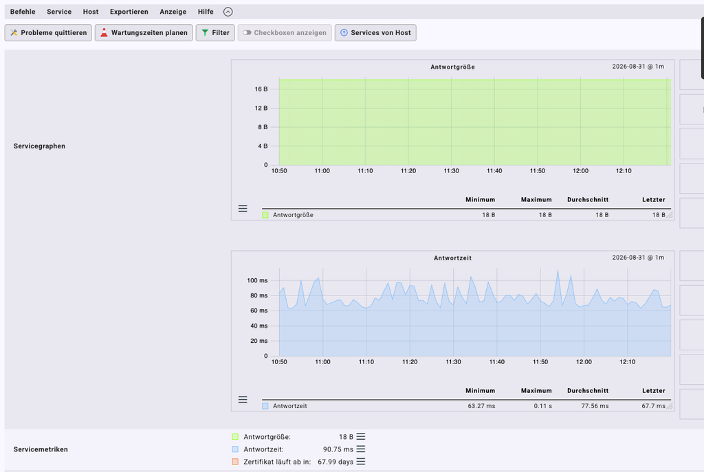 Reales API-Monitoring (check_mk, Testinstanz): Antwortzeitüberwachung der Odoo-API-Schnittstelle.
