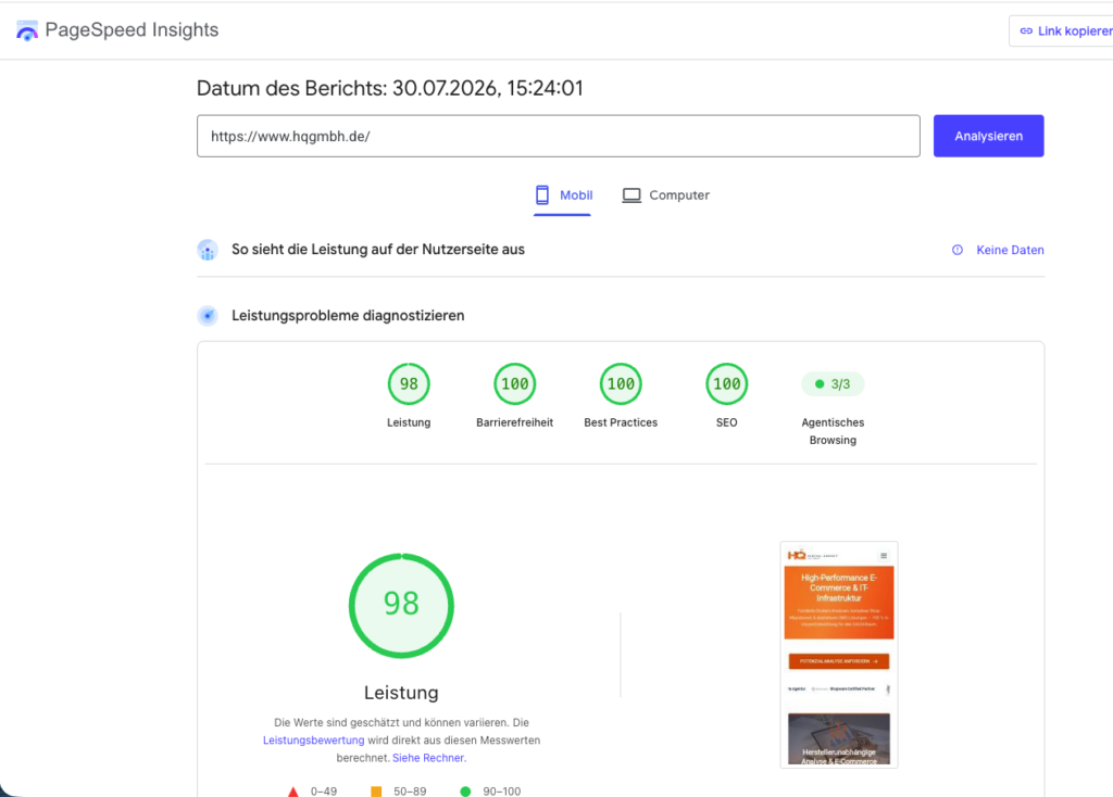 PageSpeed Insights Mobil-Score 98 für hqgmbh.de nach der Umstellung auf native Gutenberg-Blöcke